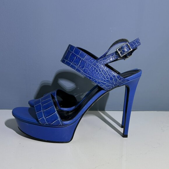 Saint Laurent Paris Blue Croc-Embossed Leather Platform Stiletto Sandals 7.5 - Picture 4 of 5